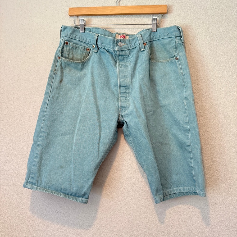 Levis 501XX Mens Light Wash Aqua Blue Denim Cut Off Shorts Size 38 Button Fly
